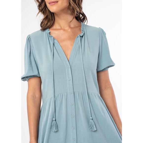 Lovestitch Dress Button Front Midi Blue Boho Linen Blend Puff Sleeves Sz Large - Picture 3 of 12